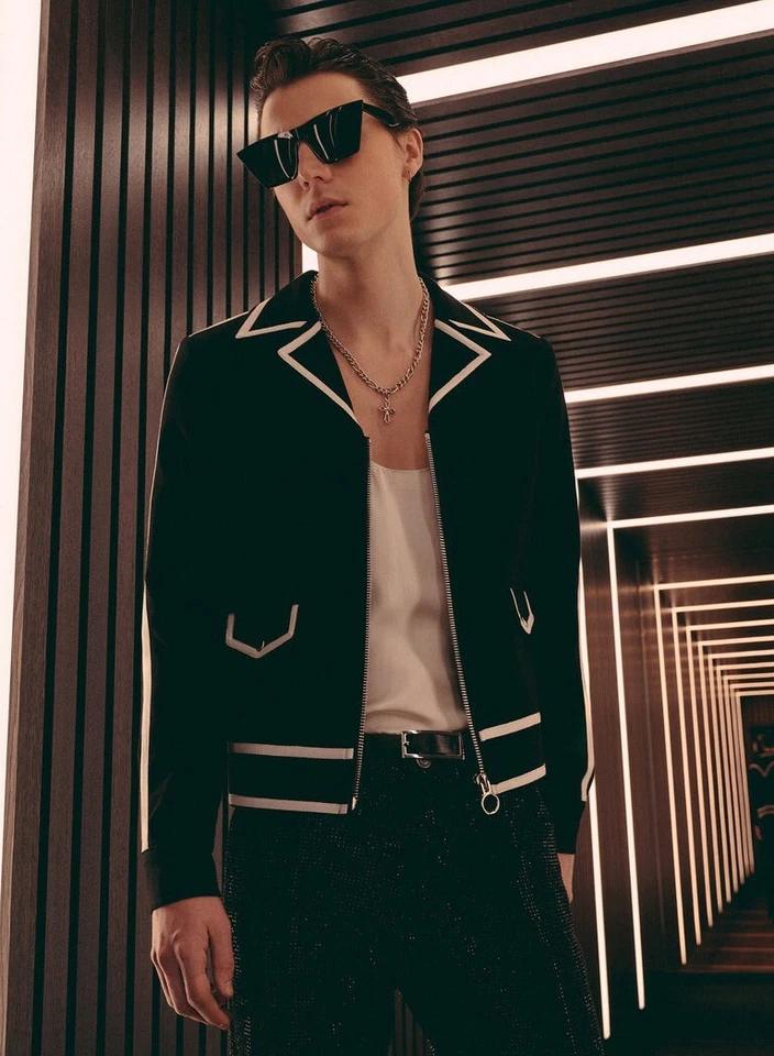 Men's Designer Wool  jacket Black Striped Trim Cropped Jacket Phix fashion - Image 3 of 4