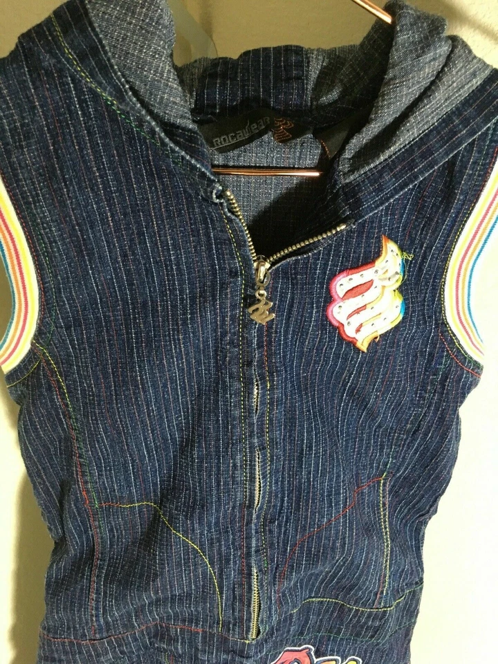 Vestido Acampanado Bordado Rayas Arco Iris Azul Denim Talla L 12/14 Rocawear Foto 2 de 4