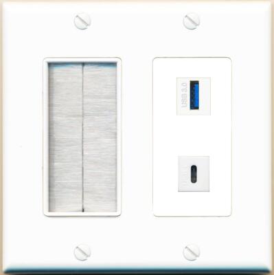 RiteAV USB-3 USBC with Brush Wall Plate [White]