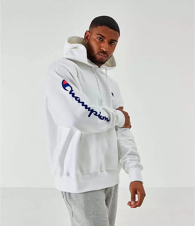 CHAMPION WHITE REVERSE WEAVE FLOCK ARM SCRIPT HOODIE SWEATSHIRT M MEDIUM |