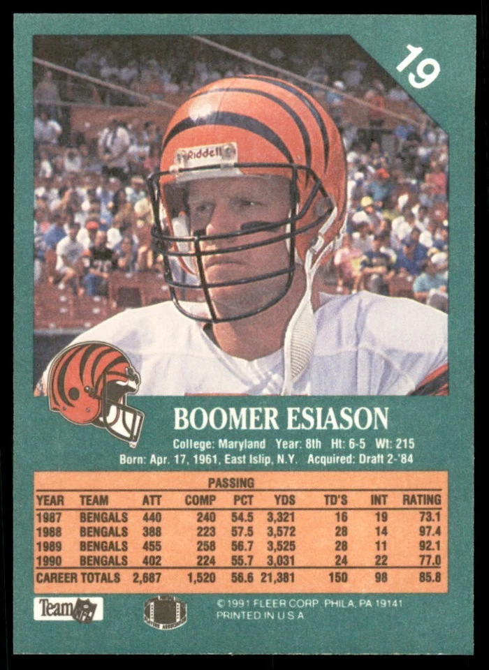 1991 FLEER BOOMER ESIASON CINCINNATI BENGALS #19 - Image 2 of 2