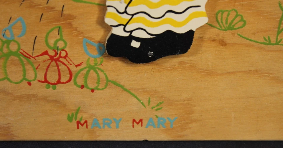 Vtg Nursery Rhyme Wall Hanging Art Picture Wood Mary Quite Contrary Garden MCM - Image 2 of 4