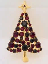 Vintage 1990s Over 40 Large Garnet Austrian Crystals Christmas Tree Pin Brooch