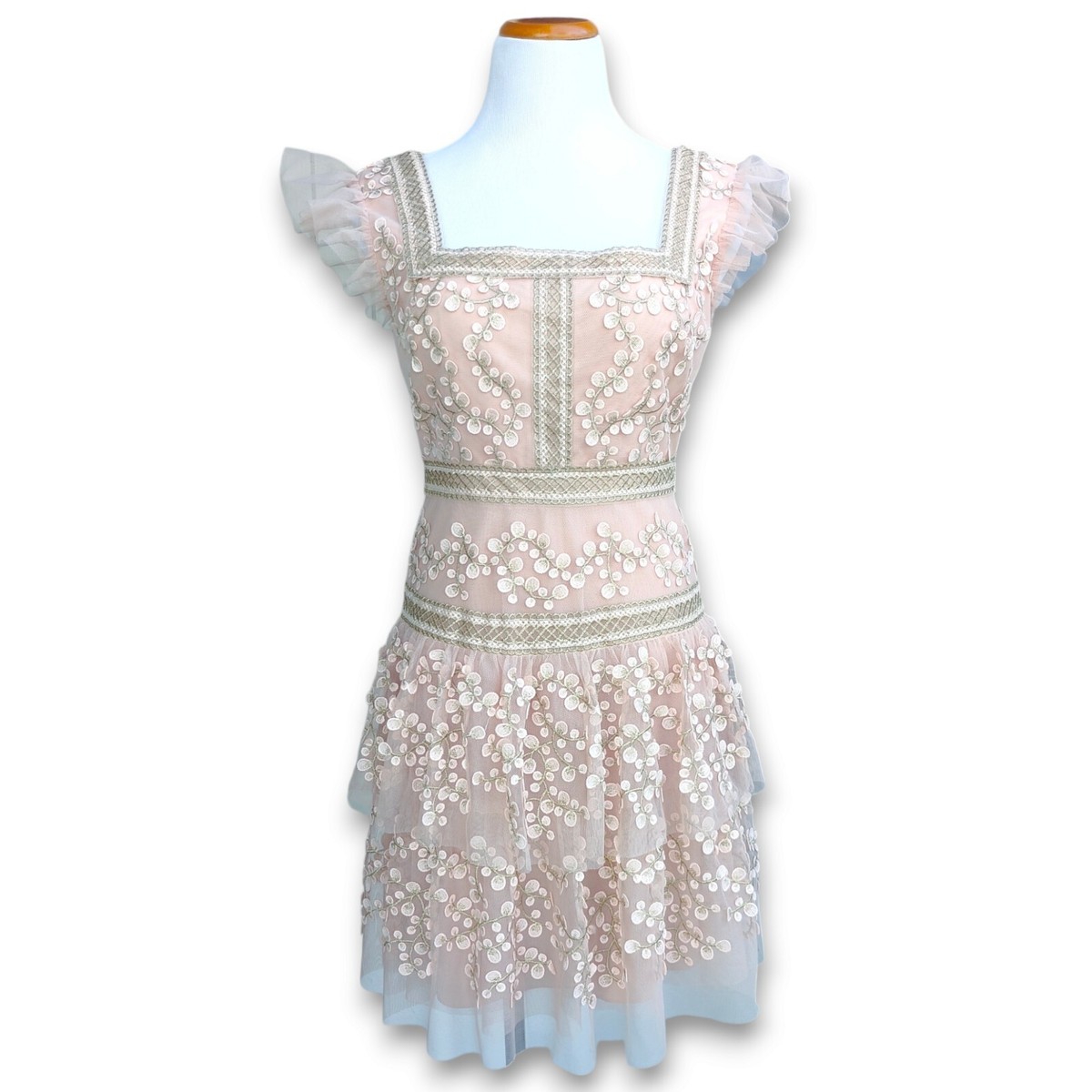 BCBGMAXAZRIA Women's Pink Floral Embroidered Tulle Ruffle Dress Size 6 |  eBay