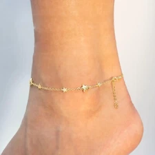 Round Cut Star Shape Women's Beauty 9.5in Anklet 14K Yellow Gold Plated
