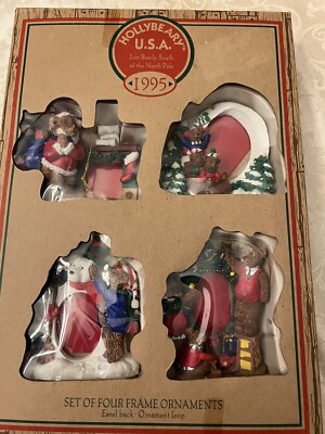  Holly Beary 1995 Vintage Set 4 Christmas Frame Ornaments Easel Back Ornament 