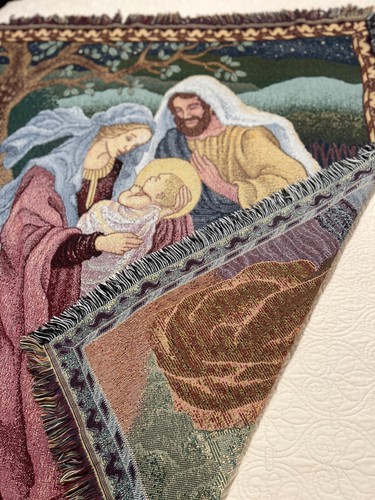 NATIVITY Woven Wall Tapestry SofaThrow Blanket Baby Jesus Mary Joseph Christmas - Picture 3 of 5