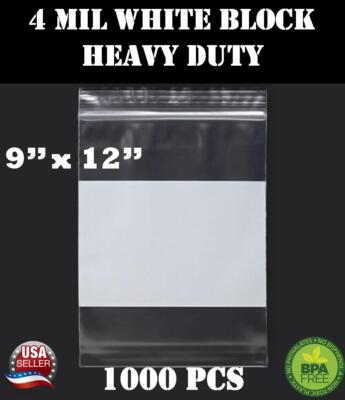 1000 - 9'' x 12'' Zip Seal Reclosable 4Mil Top Lock Bags White Block Heavy Duty