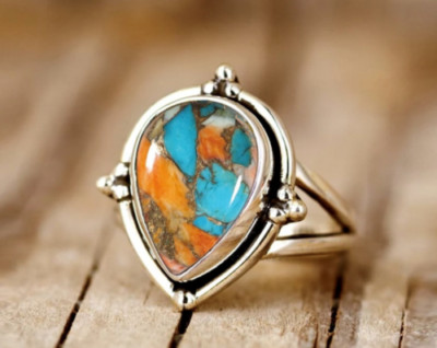 Oyster Copper Turquoise Gemstone 925 Sterling Silver Handmade Ring All Size