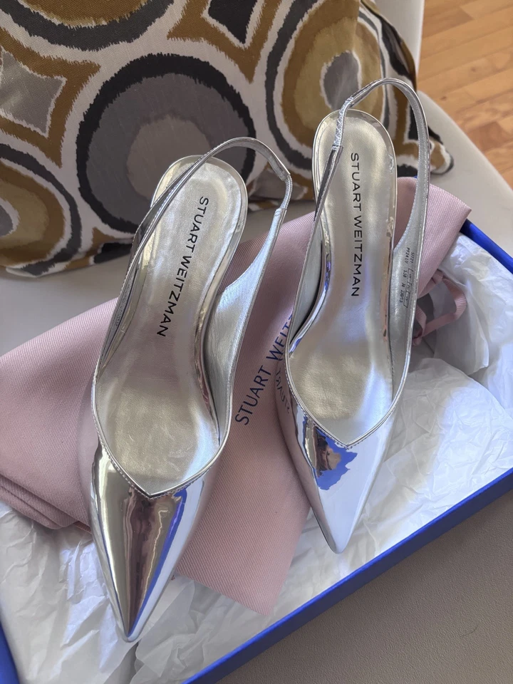 Zapatos de salón Stuart Weitzman Eva 50 de cuero con cordones para mujer 5,5 punta plateada en punta Foto 2 de 4
