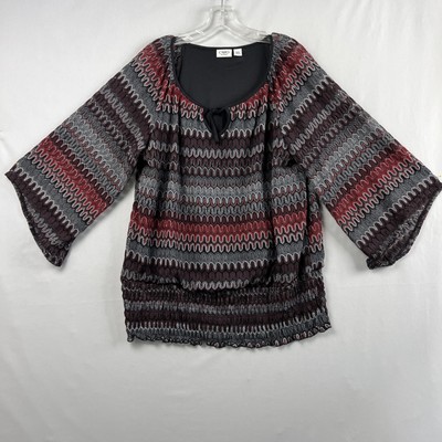 Cato Top Womens Size 18/20 Red Gray Black Bell Sleeve Ruffle Shirt Cinched Waist