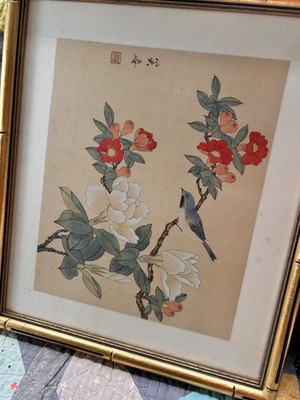 Oriental 14.5''x17'' Silk Painting - Bluebird, Camellia and Magnolia Bamboo Framed