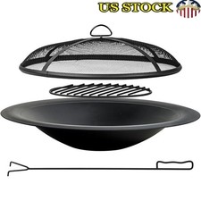 35 Inch Steel Fire Pit Bowl Wood Burning Spark Screen Poker Grate Backyard BBQ