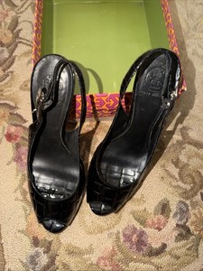 Tory Burch Allison Croc Patent Platform size 10 Ankle Strap Silver Hardware