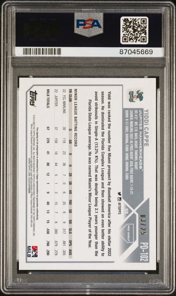 2023 Topps Pro Debut Yiddi Cappe Auto /25 Orange Refractor Gem Mint PSA 10 - Image 4 of 4