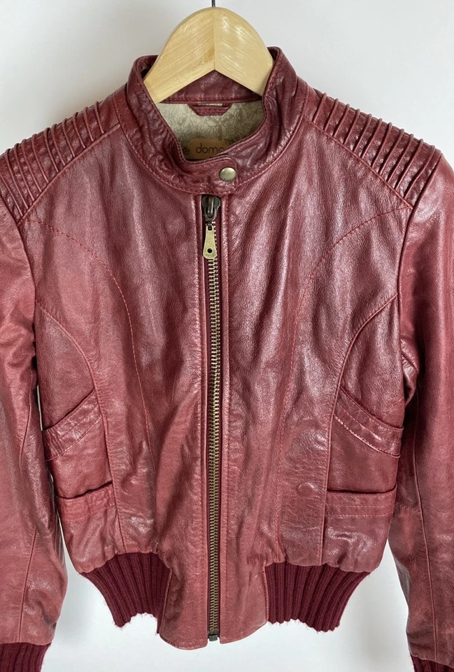 Doma leather Blend bomber jacket snap collar zip red Women’s Size Medium - Image 2 of 4