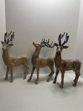 Flocked Glitter Reindeer Set Of 3 Resin Tan w/ Dark Horns 14.5  Tall Holiday