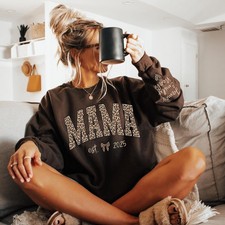 Custom Leopard Mama Sweatshirt With Kid Name On Sleeve Personalized Mom