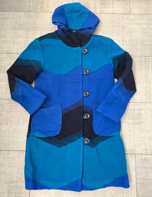 NWT Women s 80% Wool Long Hooded Blue Colorblock Boutique Over Coat Size
