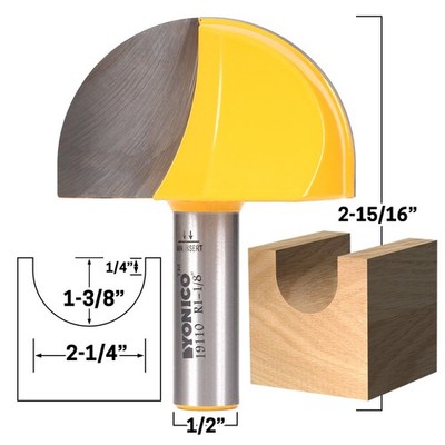 2-1/4'' Diameter Core Box Router Bit - 1/2'' Shank - Yonico 19110