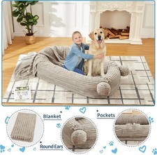 71''x45''x12''Human Size Dog Bed, Blanket, Storage Pockets, Portable Handle