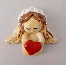 Vtg 1980s Handmade Clay Pottery Angel Christmas Ornament Holding Heart Handpaint