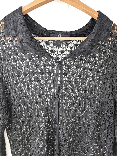 Vintage Black Sheer Net Top XL Open Crochet Long Sleeve Button Up Vamp Goth - Picture 6 of 12