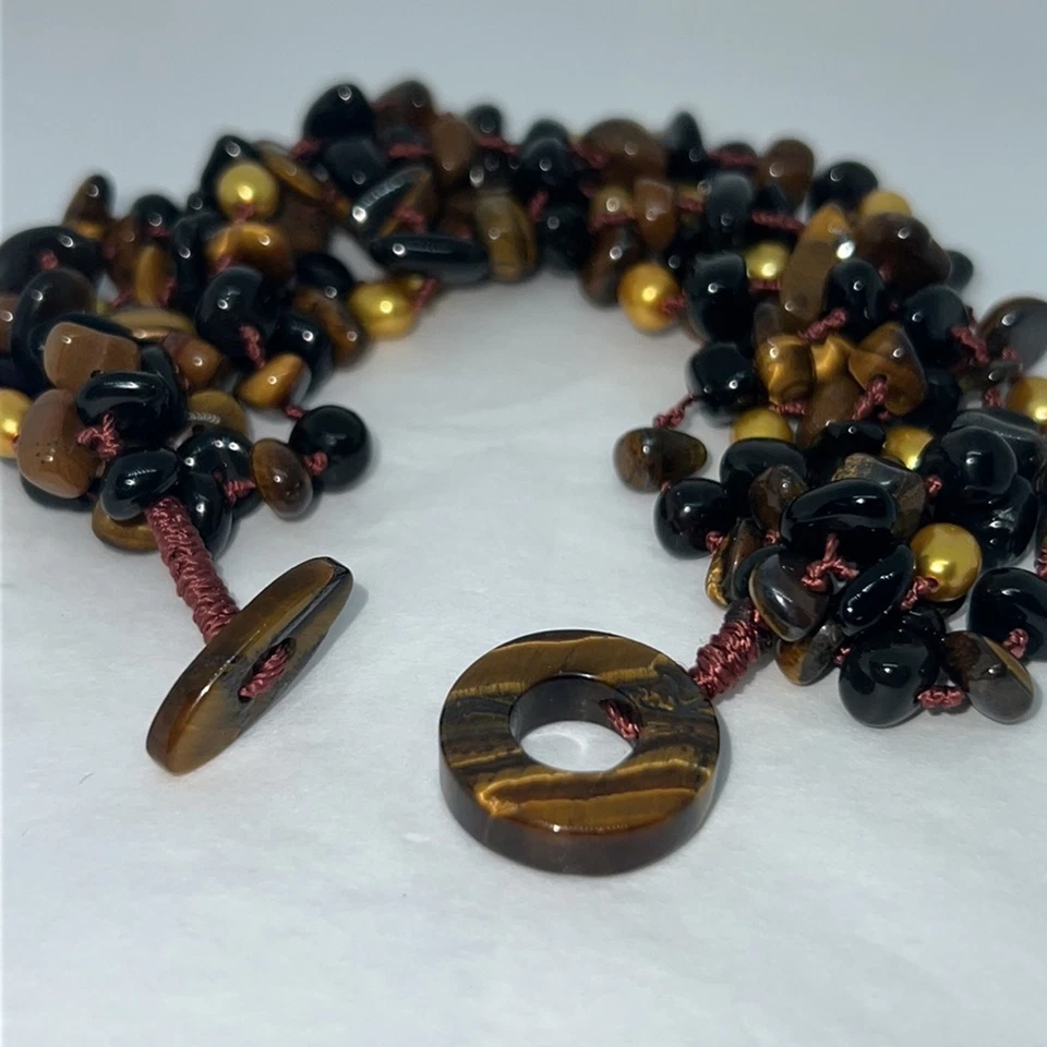 Beaded Tiger Eye Onyx Pearl Toggle Bracelet 8” - Image 4 of 4