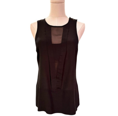 Trina Turk 100% Silk Devera Tank Black Sheer V Front & Back Panels Small 