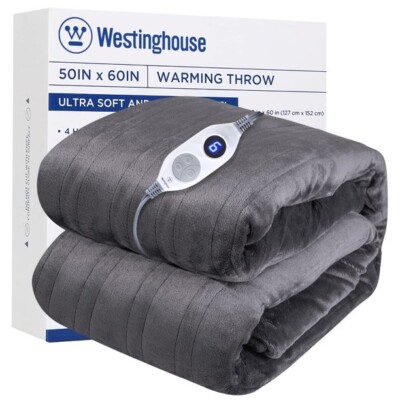 Westinghouse Electric Blanket Heated Throw Soft Silky Microplush Flannel Heating