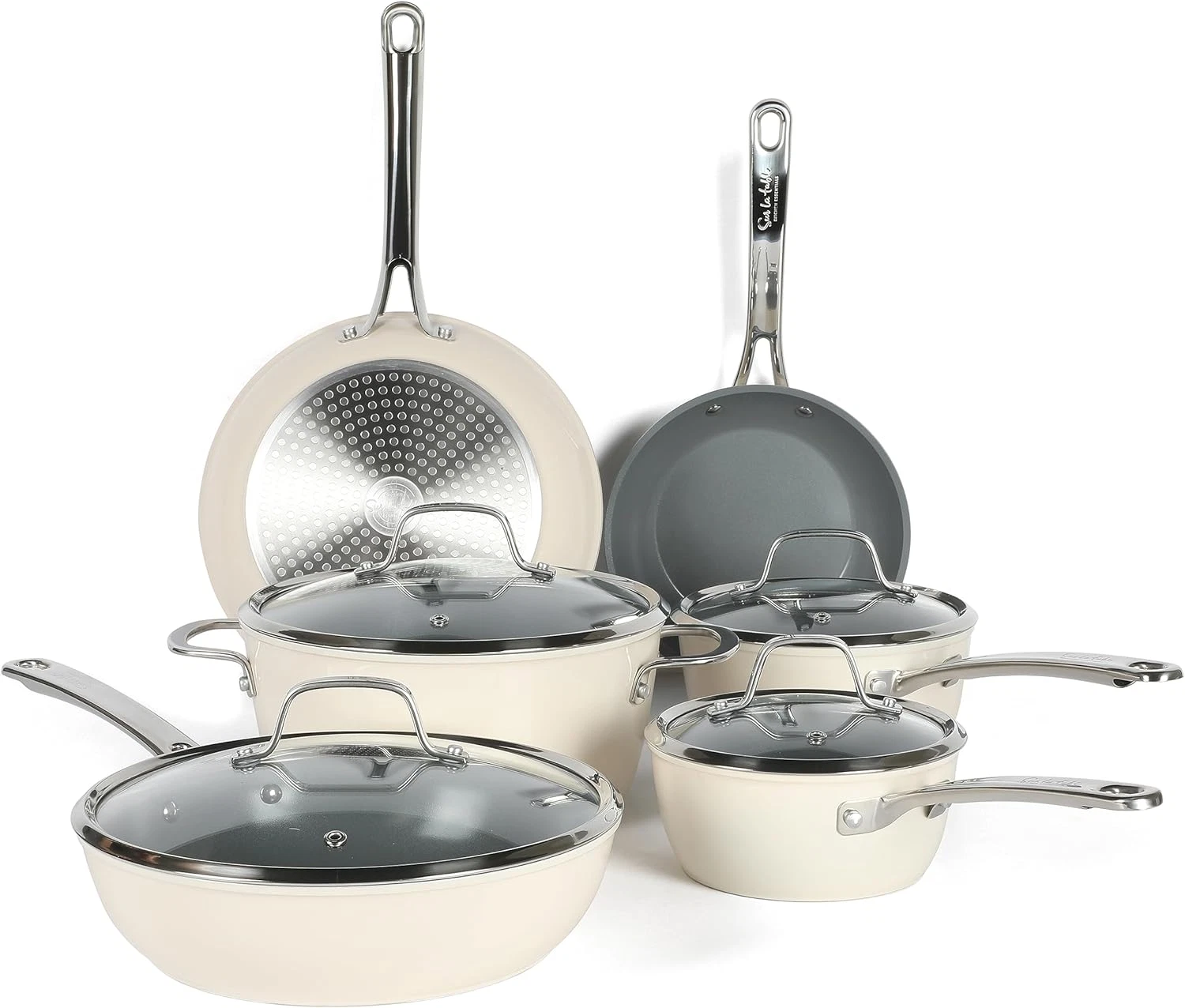 10-Piece Titanium Ceramic Nonstick Cookware Set: PFA-Free,Induction, Linen White