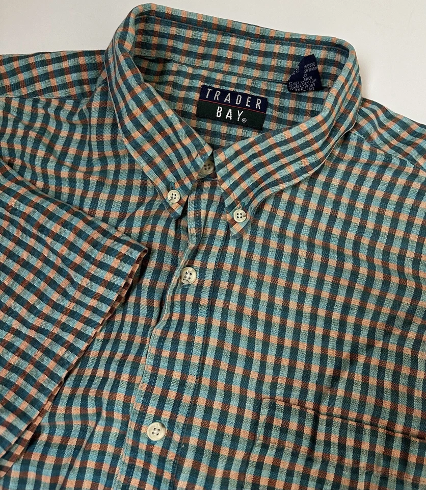 Vintage 90s Trader Bay Linen Blend Shirt XL Short Sleeve Button Down Teal Check - Image 3 of 4