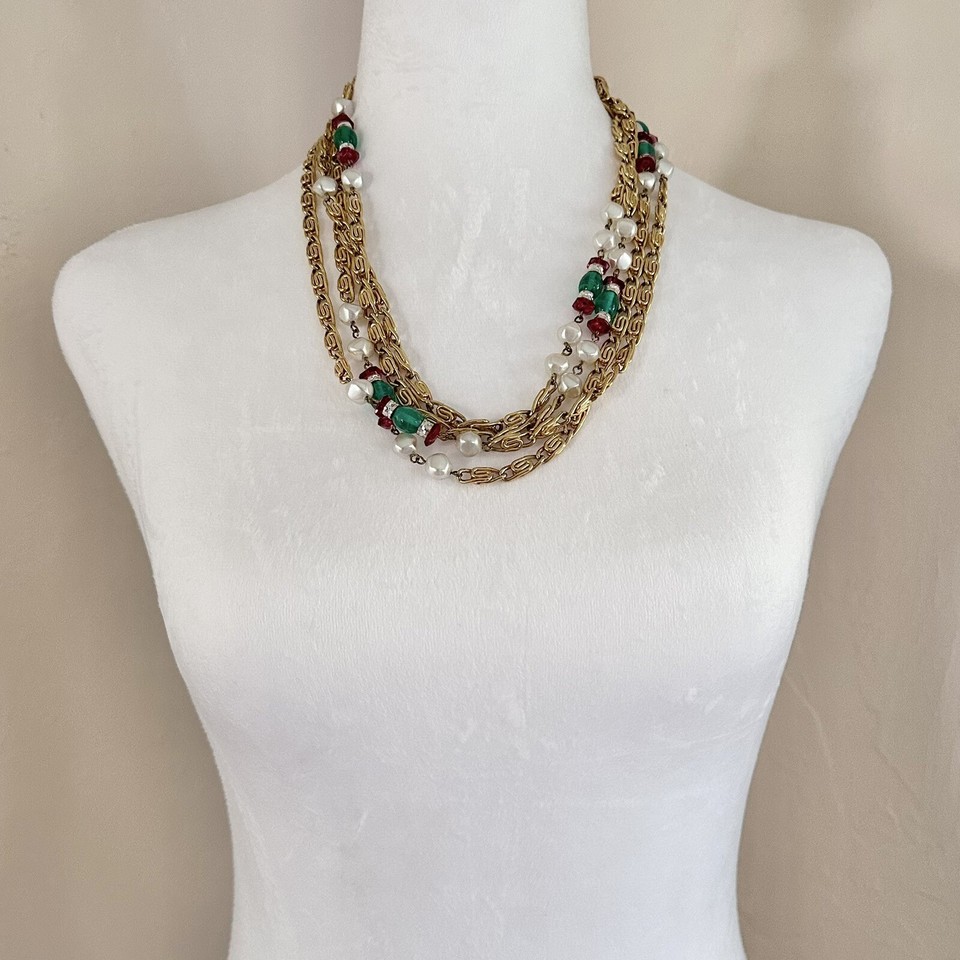 Vintage French Green Poured Glass Bead Red Crystal & Faux Pearl Sautoir