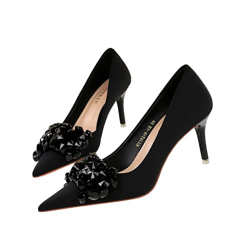 Women's Faux Suede Stiletto Pumps Rhinestone Bow Pointed Toe Mid/High Heel Shoes - Picture 21 of 34