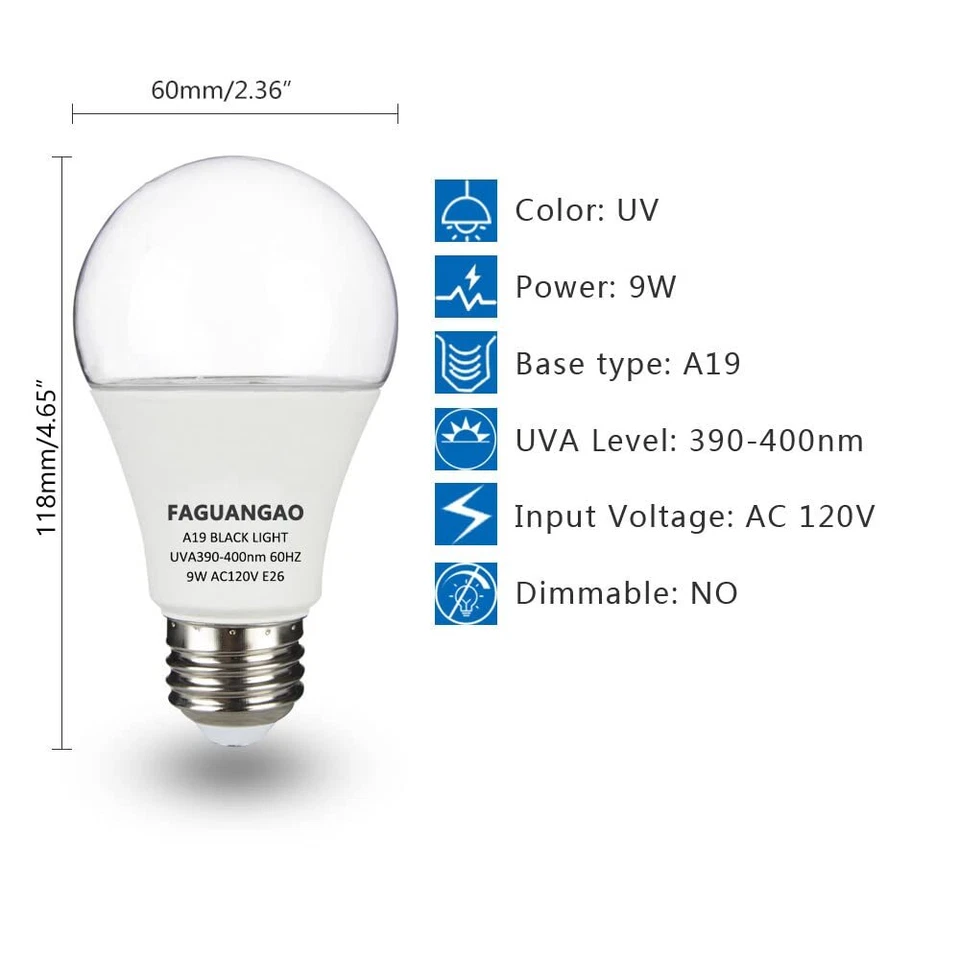 FAGUANGAO LED Black Light Bulb9W(75Watt Equivalent) A19 UV Blacklight Bulb120... - Image 3 of 4