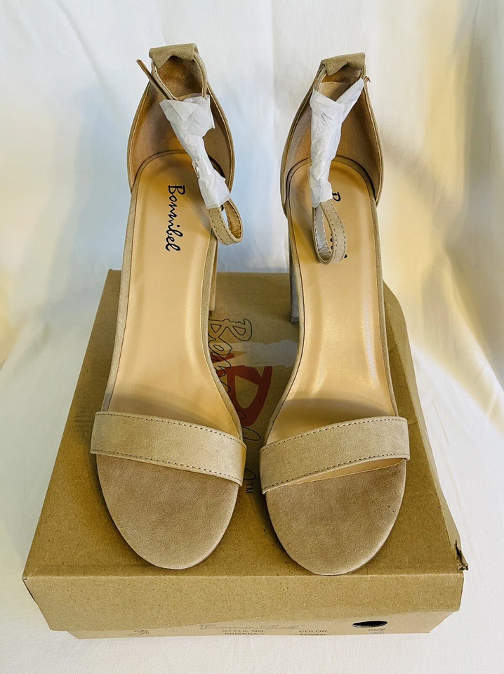 Bonnibel Arianna Gamuza Natural Punta Abierta Correa de Tobillo Tacones Bloque, Talla 6, NUEVO Foto 2 de 4