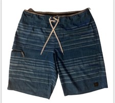 O Neill Men's Board Shorts-Green Blue White Striped WaistBand Piped-Size 38