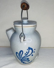 Glazed 5.5" Stoneware Jug Pitcher Hand Painted Blue Design Handle Wood Metal Lid