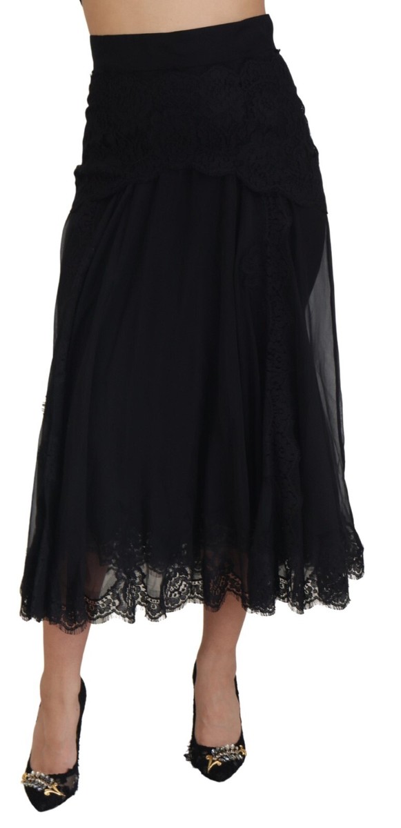 【関税&送料込み】Dolce & Gabbana Black Skirt DOLCE & GABBANA Skirt Black Silk Lace Trim High Waist Midi