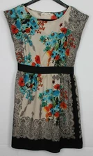 ONE CLOTHING Small Dress Elastic Waist Shift Cap Sleeve Knee Length Tan Floral