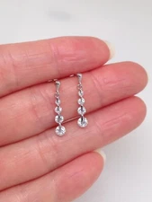 Graduated CZ Station Dangle Drop Earrings Sterling Silver 925 19mm x1.5/3.2mm