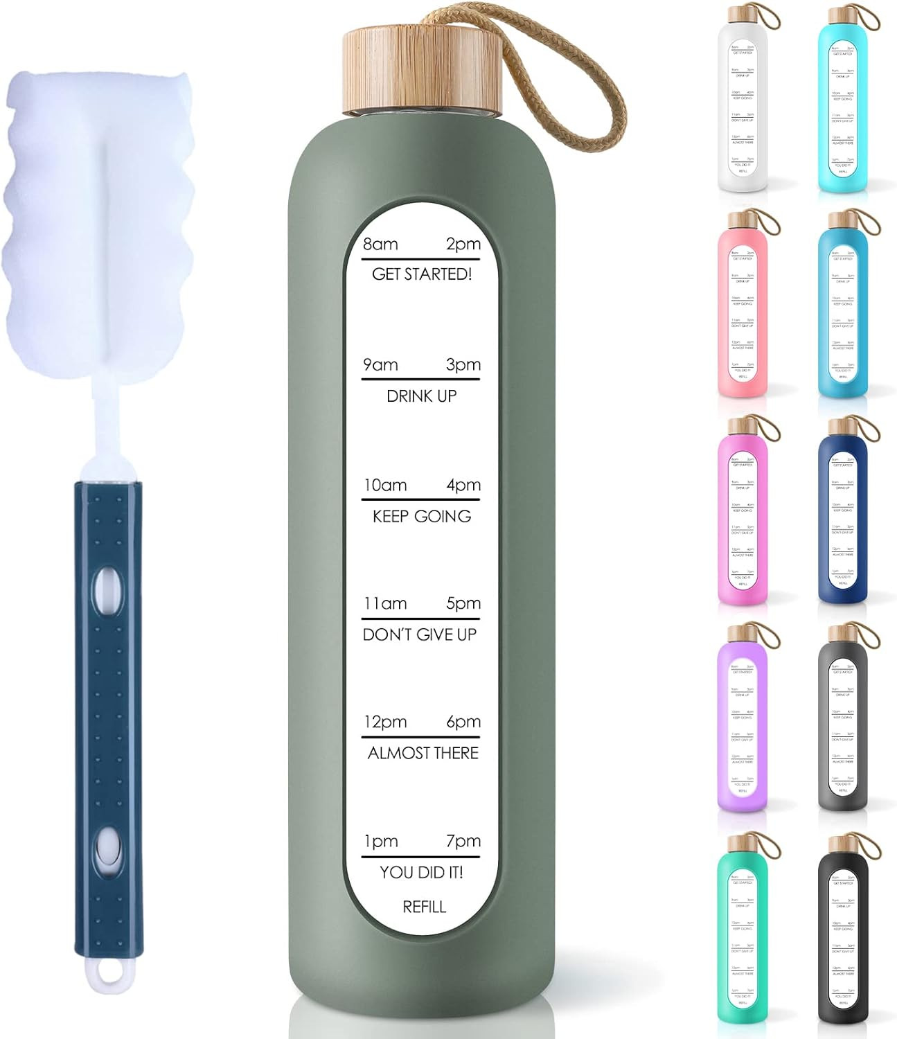 PROBTTL 32 Oz Borosilicate Glass Water Bottle with Time Mark