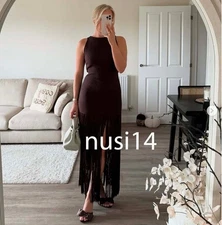 ZARA NEW WOMAN MIDI FRINGED FITTED DRESS BROWN XS-L 8741/240/700