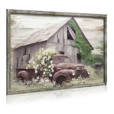 Farmhouse Truck Wooden Wall Art: Framed Farm Flower Car Artwork Rustic Landsc...