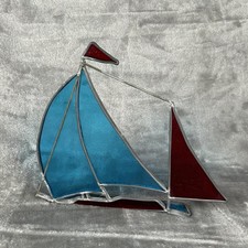 Vintage Stained Glass Sailboat Free Standing Sun Catcher 7X8 In Nautical Decor