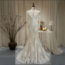 V-Neck Wedding Dress Mermaid Lace Neckline Full Sleeves WIth Key-Hole