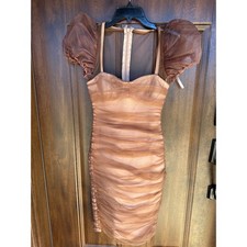 Women's Fashion Nova Tulle Bend and Ruche Bandage Dress Mocha SZ Small