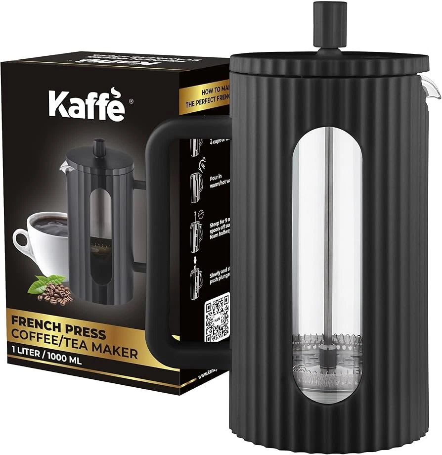 Kaffe French Press Coffee Maker (34oz / 1L) - Borosilicate Glass and BPA-Free