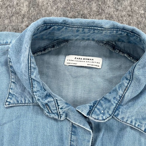 Zara Chambray Top M Womens Cap Sleeve Button Up Denim Shirt Blouse - Picture 3 of 11