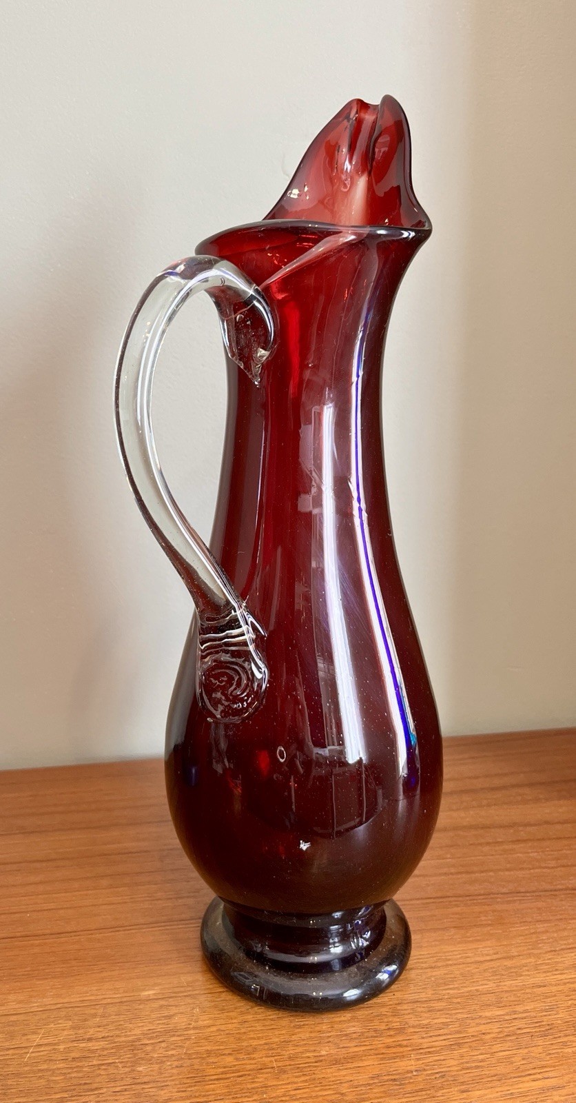 Large Vintage Hand Blown Ruby Red Art Glass Jug Ewer 41cm MCM Empoli Style image 2